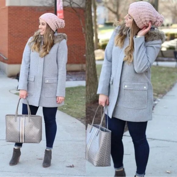 J. Crew Gray Wool Vail Fur Hooded Parka Coat Long Jacket Women Size 14 - Picture 1 of 11